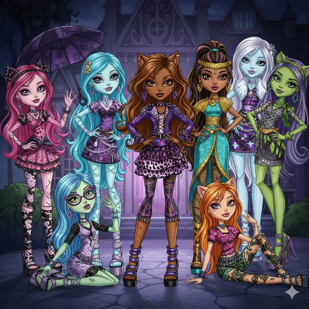 Monster High characters female posing together in stylish outfits at Monster High school