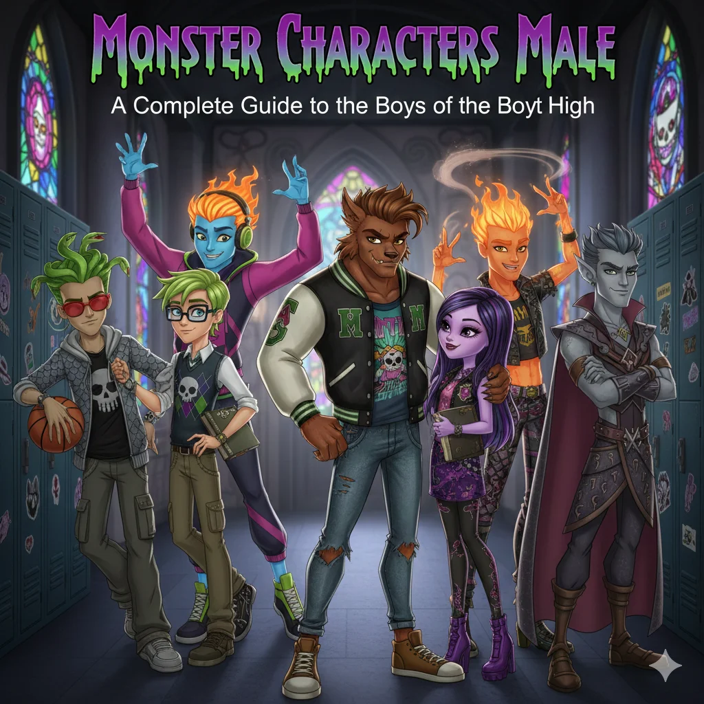 Monster High characters male standing together, showcasing their unique monster styles and personalities